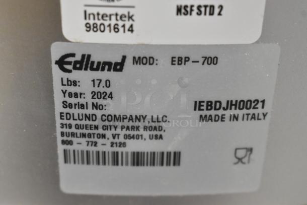 Edlund EBP-700 hamburger patty press label, 2024 model, 17 lbs, serial IEDBJH0021, made in Italy, NSF certified.