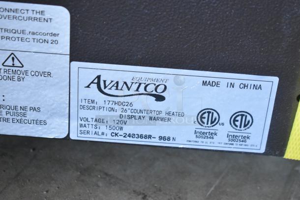 Brand new Avantco 177HDC26 26" countertop heated display case label. Shows specs: 120V, 1500W, model, and certifications.