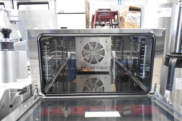 2024 Avantco 177CO16 stainless steel convection oven, half-size, 1.5 cu. ft., scratch and dent, interior view, 120V, 1 phase.