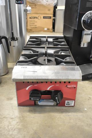 Brand new Avantco 177CAGR212 stainless steel 12" 2 burner gas countertop range, 50,000 BTU, minor scratches.