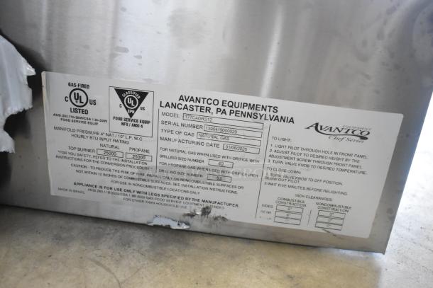 Avantco 177CAGR212 stainless steel gas range tag showing model, serial number, 50,000 BTU, natural gas, new condition.