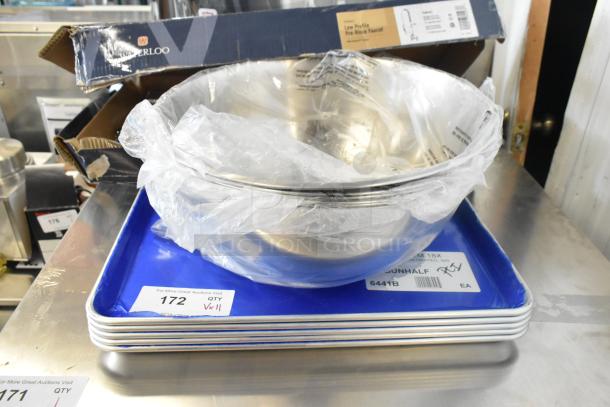 11 brand new items including Winco MXBH-1300 mixing bowls and Choice 407BUNHALF 13" x 18" aluminum sheet pans.