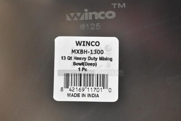 Alt text: Winco MXBH-1300 tag showing a 13 Qt heavy duty mixing bowl, barcode, and "Made in India" marking.