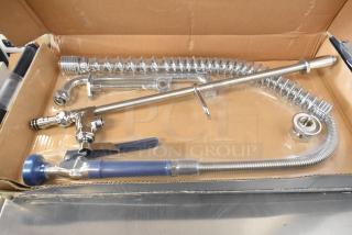 Brand new Waterloo 750PRD812 deck-mounted pre-rinse faucet with 8" centers, 12" add-on faucet, 1.15 GPM, scratch and dent.