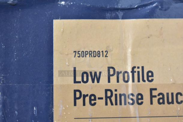 BRAND NEW but dented Waterloo 750PRD812 pre-rinse faucet box showing model number and "Low Profile Pre-Rinse Faucet" label.