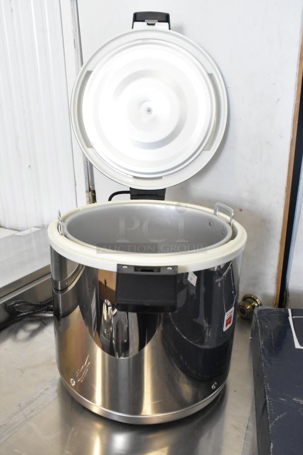 BRAND NEW 2024 Town 56919NF 92 Cup Stainless Steel Electric Rice Warmer, slight scratches, open lid, power cord visible.