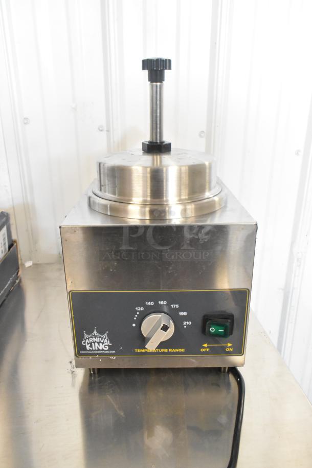 Carnival King 3.5 Qt. Warmer, Model 382HSPW35, brand new, features heated spout, pump, and adjustable temperature dial.