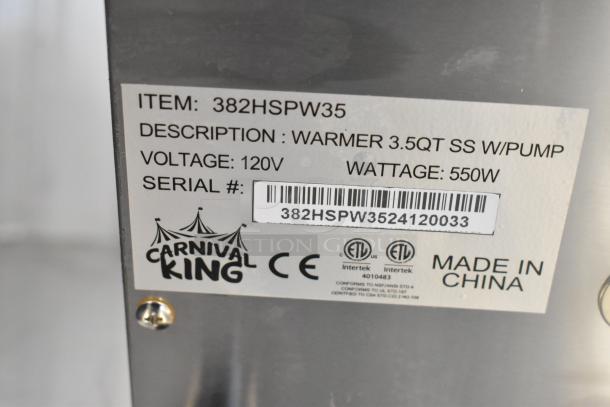 BRAND NEW Carnival King 382HSPW35 3.5 Qt. Warmer with Heated Spout and Pump, 120V, label shown with specs and serial.