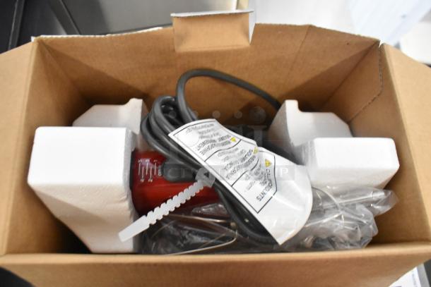 Brand new KitchenAid KHM512ER hand mixer, Empire Red, 5 speed, 120V, stainless steel turbo beaters, box opened.