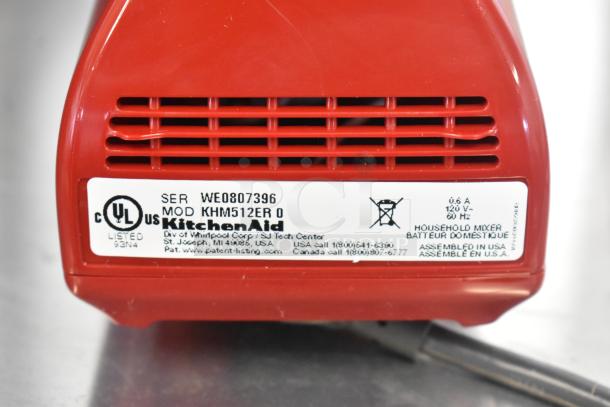 KitchenAid KHM512ER Ultra Power hand mixer in Empire Red, brand new with scratch and dent. Label indicates 120V, 1 phase, USA assembled.