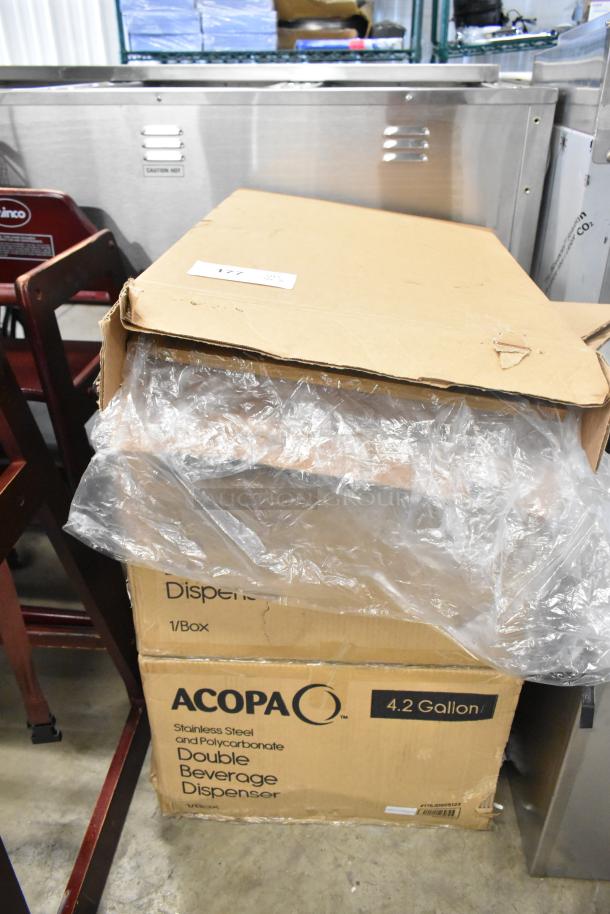Boxes of Acopa 2.1-gallon stainless steel and polycarbonate beverage dispensers, brand new, some scratch and dent.