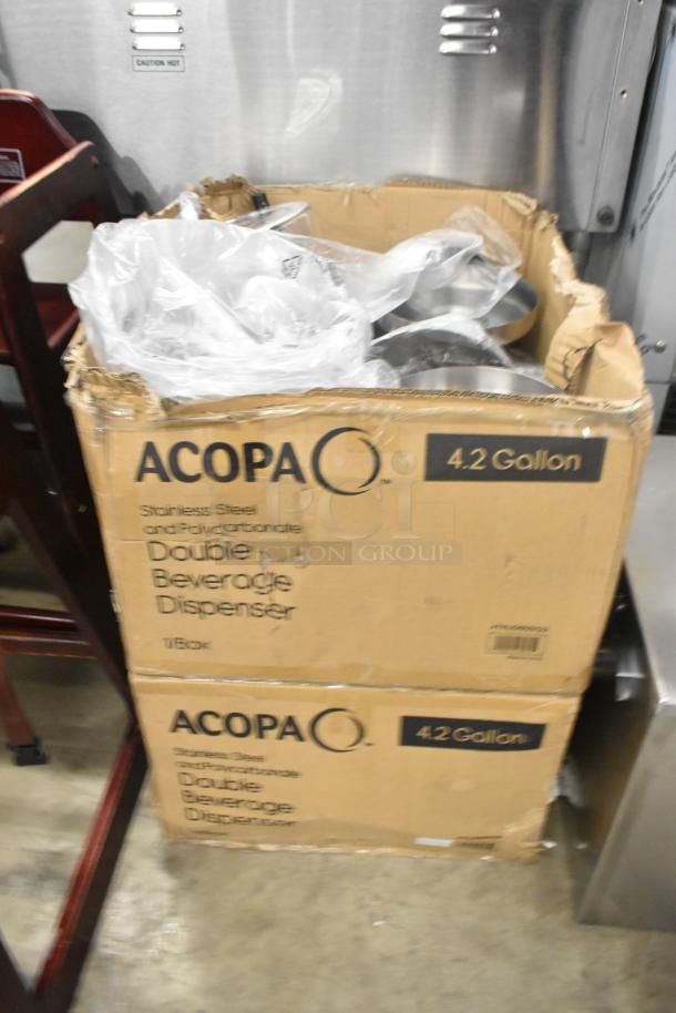 Two boxes of Acopa 4.2 Gallon Beverage Dispensers, stainless steel and polycarbonate, scratch and dent condition.
