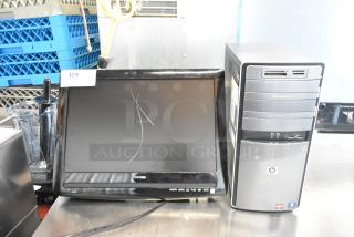 Toshiba monitor with visible scratches and HP Pavilion computer tower with front USB ports and expansion bays.