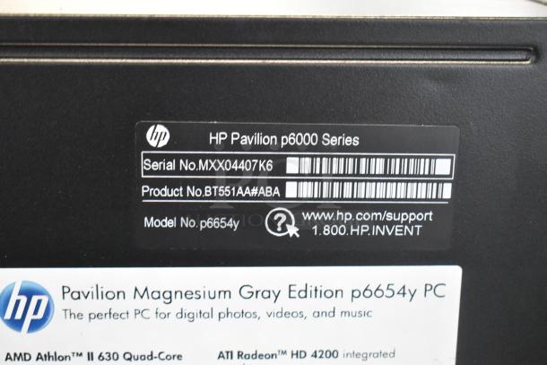 HP Pavilion p6654y PC label showing series, serial, product, and model numbers. Ideal for digital media use.