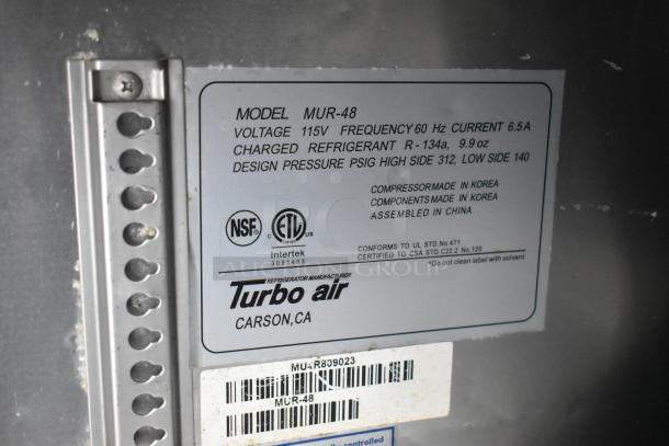 Turbo Air MUR-48 undercounter cooler label, 115V, 1 Phase, showcasing model, voltage, refrigerant info, and certifications.