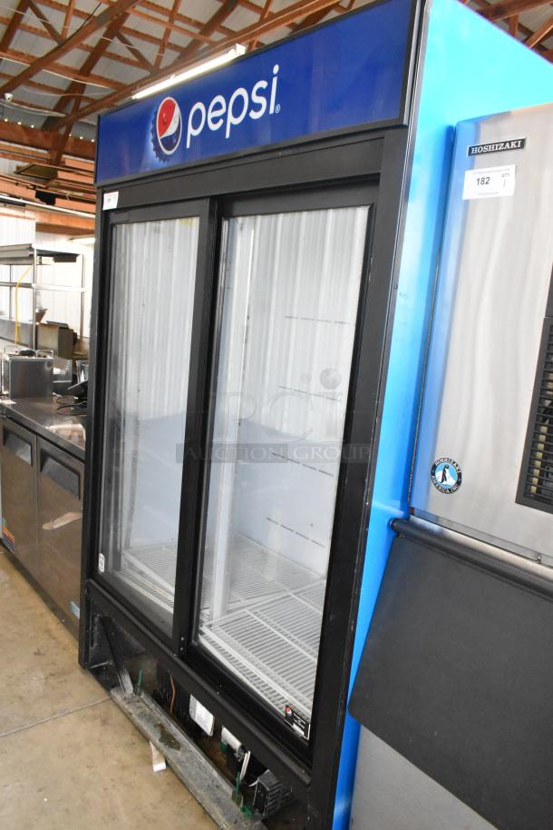 QBD CD45-HC commercial 2-door cooler with glass doors, Pepsi branding, and poly coated racks. 115V, 1 Phase.