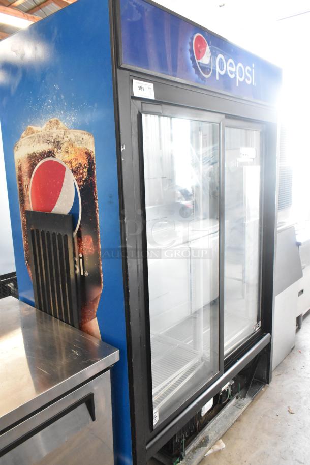 QBD CD45-HC metal commercial 2-door reach-in cooler with Pepsi branding, poly-coated racks, and glass doors. 115V, 1 phase.