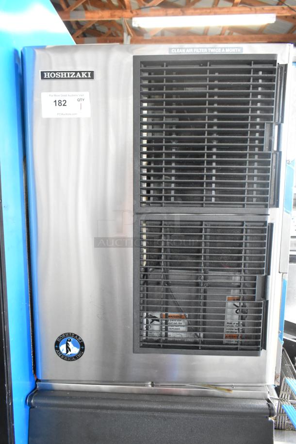 Hoshizaki KM-515MA stainless steel commercial ice head on bin. Features 115-120 volts, 1 phase. Clean air filter label.