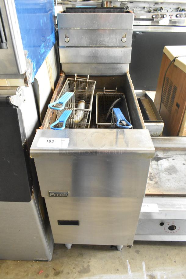 Pitco Frialator SG14 stainless steel deep fryer with 3 metal baskets. Natural gas, 110,000 BTU. Floor model, commercial use.