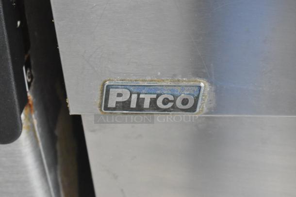 Pitco Frialator SG14 stainless steel commercial gas fryer, 110,000 BTU, includes 3 metal baskets, visible brand logo.