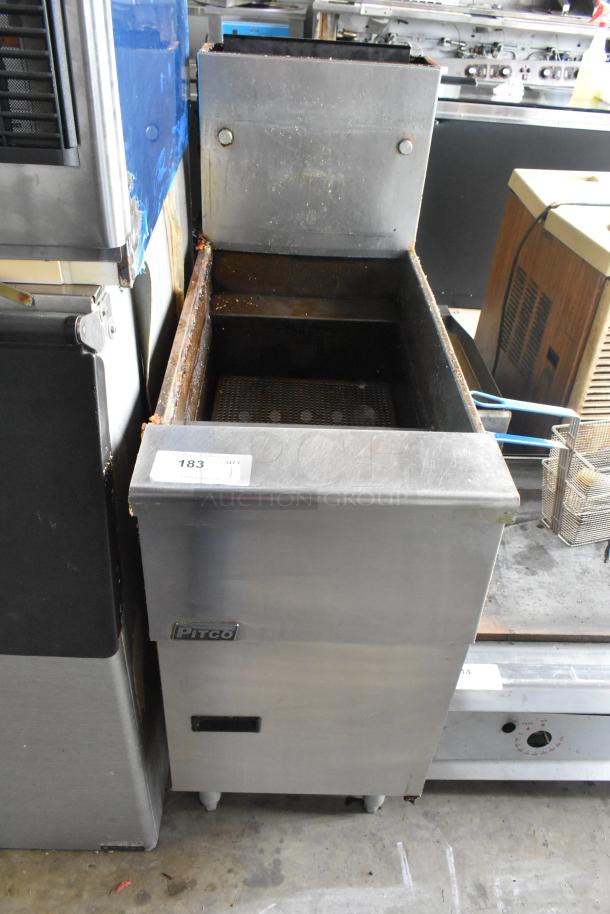 Pitco Frialator SG14 stainless steel deep fat fryer, natural gas, 110,000 BTU, with three metal fry baskets, commercial-grade.