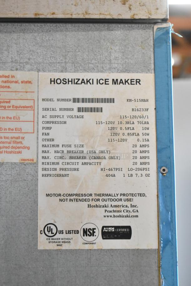 Hoshizaki KM-515MAH stainless steel ice machine, Model KM-515MAH, 115-120V, commercial use, on ice bin, NSF certified.