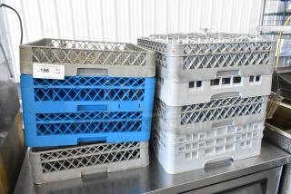 Set of 8 poly dish caddies with 19 beverage glasses, showing signs of use. Auction lot label reads "186, Qty x8".