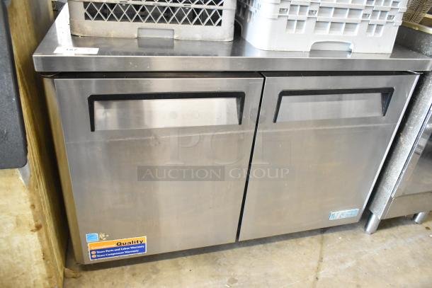 Turbo Air MUR-48 stainless steel 2-door undercounter cooler on casters, 115V, 1 phase. Labels indicate quality warranty.