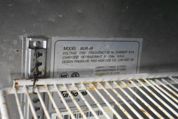 Turbo Air MUR-48 cooler label, indicating 115V, 60Hz, refrigerant R-134a, and pressure settings; NSF and ETL certified.