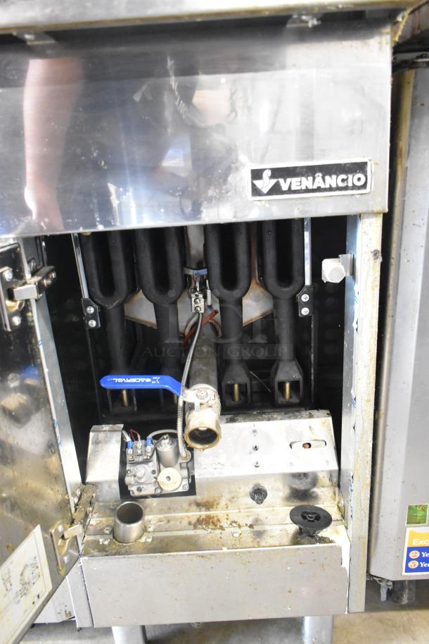 Venancio RFB50 stainless steel gas fryer, 2022 model, 30,000 BTU, with metal fry basket; visible Venancio label.