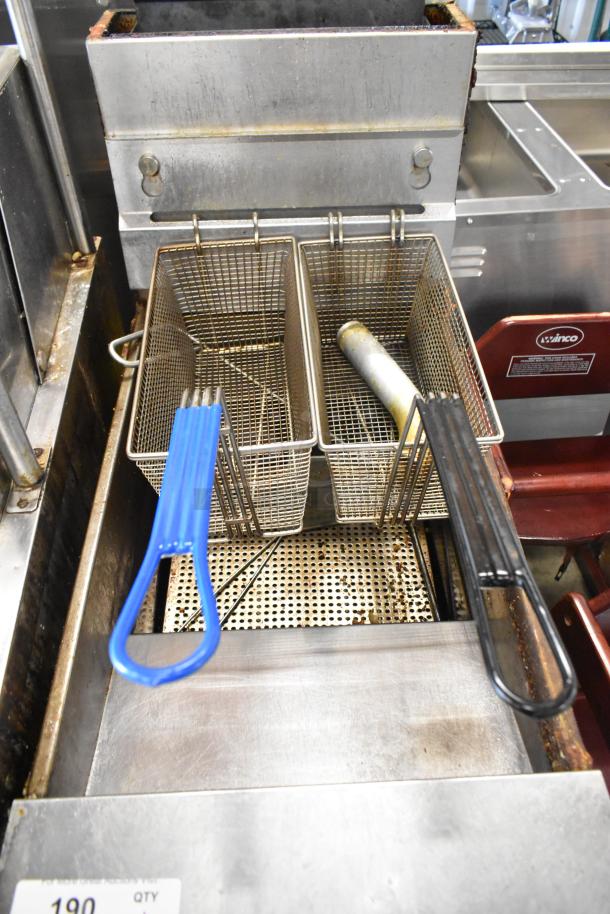 Pitco Frialator SG14 stainless steel commercial floor fryer with 2 metal baskets, natural gas powered, 110,000 BTU.