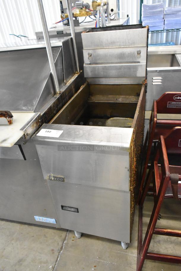 Pitco Frialator SG14 stainless steel commercial fryer, natural gas, 110,000 BTU, two metal baskets, visible wear.