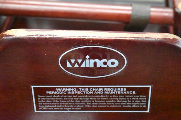 Two Winco wood pattern high chairs, featuring dark wood finish. Visible label advises periodic inspection and maintenance.