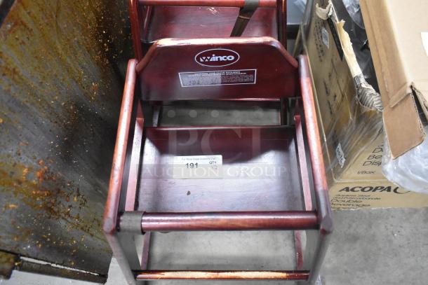 Two Winco wood pattern high chairs with safety straps, visible brand label, and auction tag indicating "191 QTY x2".