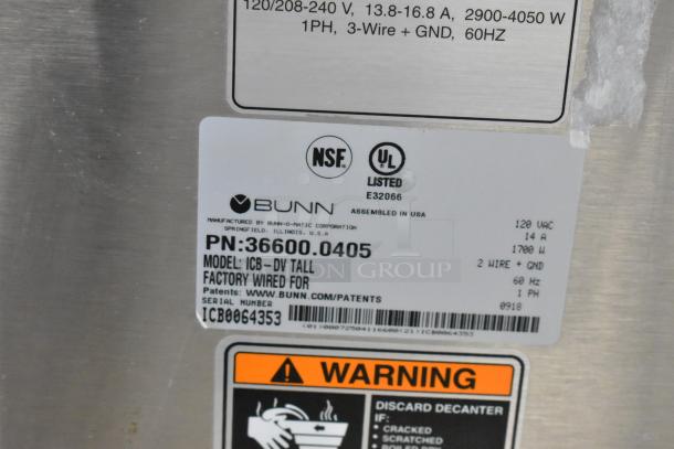 2018 Bunn ICB-DV TALL Stainless Steel Iced Tea Machine label. NSF certified, 120V, 1 Phase, Model: ICB-DV TALL.