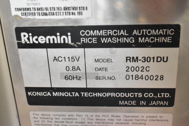 Ricemini RM-301DU stainless steel commercial rice washing machine; 115V, 0.8A, 60Hz, model 2002C, serial 01840028.
