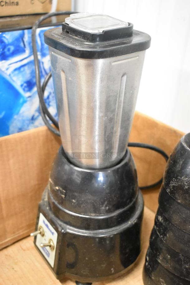 NuBlend BB180P Blender with extra pieces, 115 volts, 1 phase. Black base, silver container; visible wear; toggle switches on base.