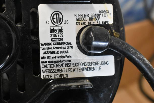 NuBlend BB180P Blender label showing model number, 120VAC, 60Hz, 5.0 Amps, assembled in USA, Intertek certified.