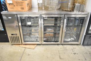 KoolMore KM-BC-3GD-3C33 stainless steel 3-door back bar cooler, broken glass visible, 115 volts, 1 phase.