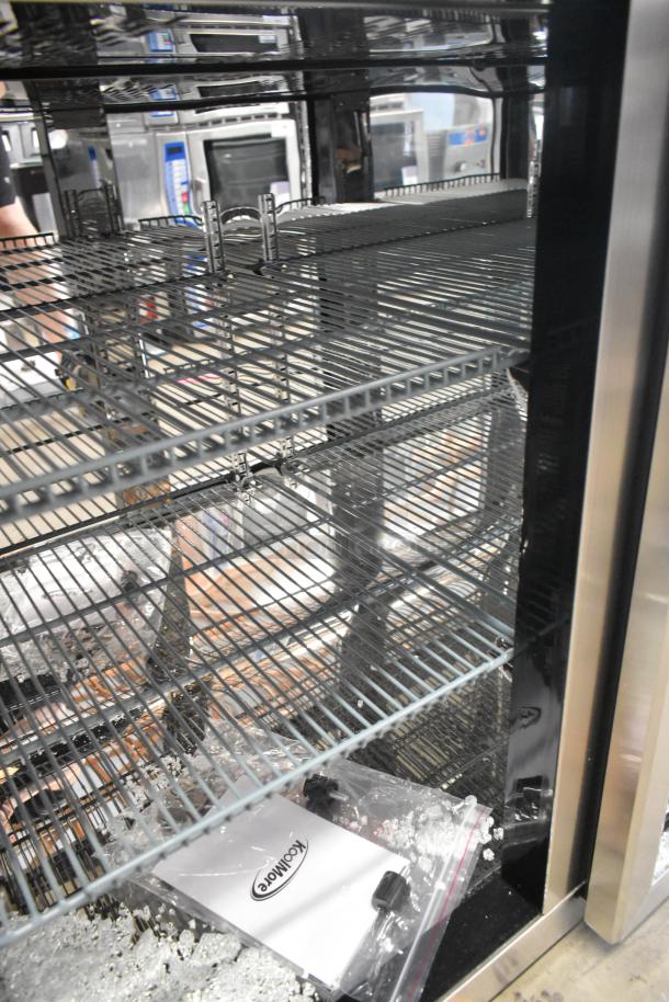 KoolMore KM-BC-3GD-3C33 stainless steel 3-door bar cooler. New scratch and dent; broken glass visible. 115 Volts, 1 Phase.