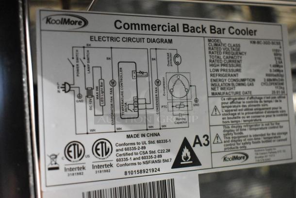 KoolMore KM-BC-3GD-3C33 back bar cooler label, showing electrical specs and safety certifications. Model manufactured in 2019.