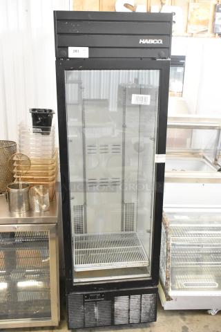 2019 Habco SE18 single door cooler with glass front and poly-coated racks, 115V, 1 phase, excellent condition.