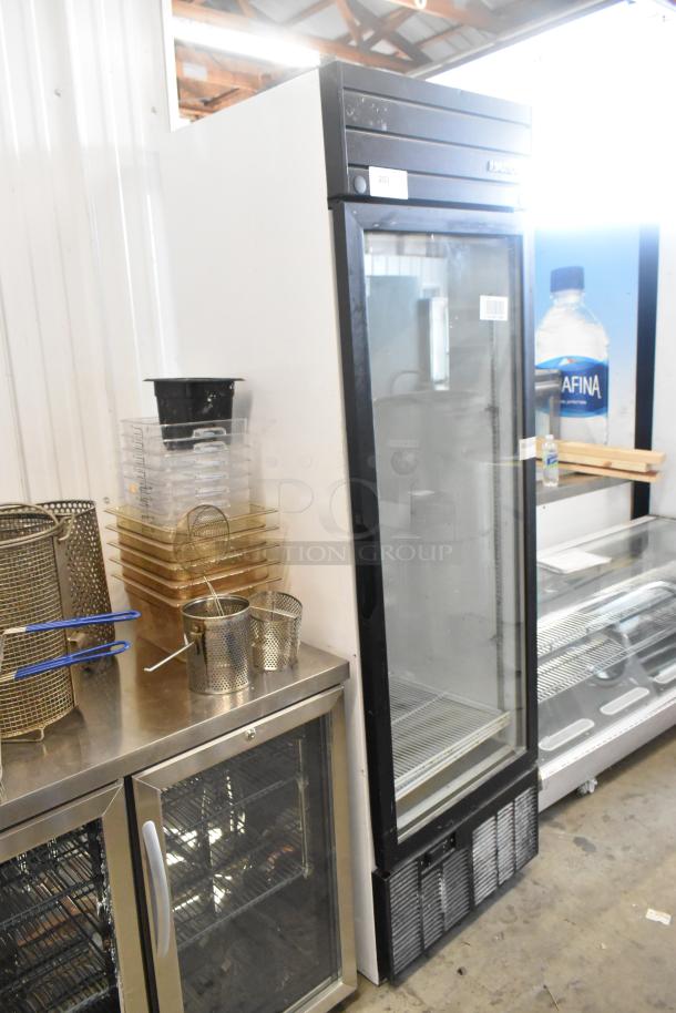 2019 Habco SE18 metal single door reach-in cooler merchandiser with poly coated racks, 115 volts, in good condition.