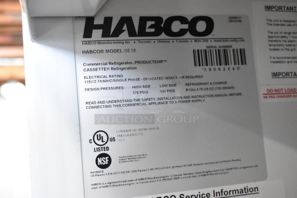 Label on 2019 Habco SE18 Commercial Cooler. Shows electrical rating 115V/1 phase, and NSF, UL certifications.
