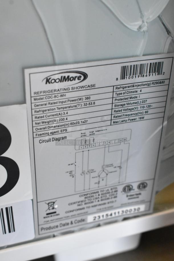 KoolMore CDC-8C-WH Countertop Bakery Display Refrigerator, 8 cu. ft., 115 Volts, new with scratch and dent. Model label visible.