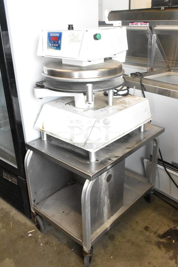 DoughPro metal countertop dough press on equipment stand, 115 volts, 1 phase. Features sturdy build, minor wear visible.