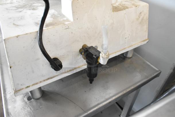 DoughPro metal countertop dough press on equipment stand, used condition, with visible wiring and connectors, 115 volts, 1 phase.
