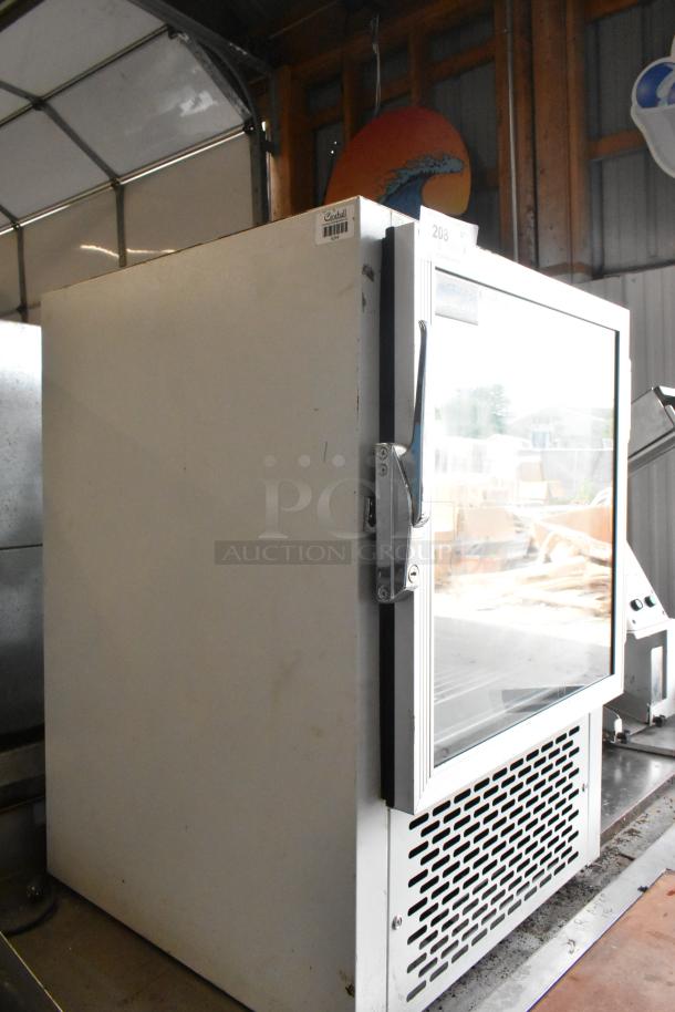 GEM CTR Metal Mini Cooler Merchandiser, 115V, 1 Phase, glass door, visible latch, minor wear, auction tag attached.