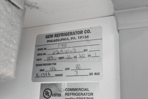 GEM CTR Mini Cooler Merchandiser tag, 115 volts, 1 phase. Model: CTR. Labels show specifications and UL listing.