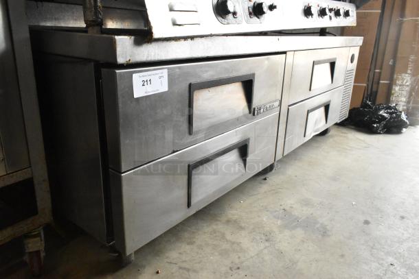 True TRCB-72 stainless steel chef base with 4 drawers, commercial casters, 115V, 1 phase, visible auction tag 211.